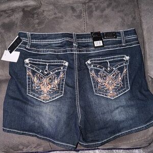 Earl Jeans Dark Blue Denim Shorts with Tan Embroidered Back Pockets